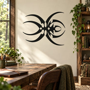 Black abstract pointed spider wall decal with stylized curved legs and body.