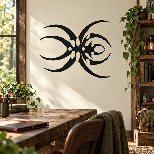 Black abstract pointed spider wall decal with stylized curved legs and body.