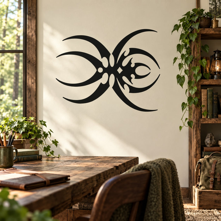 Black abstract pointed spider wall decal with stylized curved legs and body.
