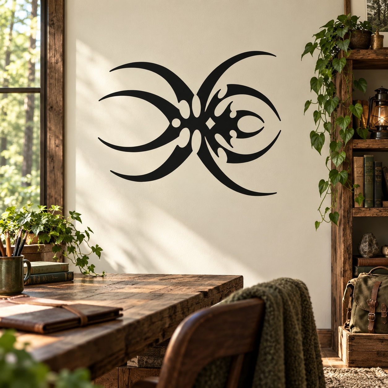 Black abstract pointed spider wall decal with stylized curved legs and body.