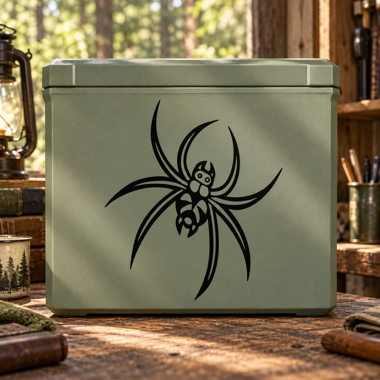 Wolf spider decal in black line art on a green storage box front
