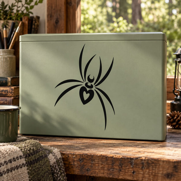 Black spider decal with heart-shaped body, wall or craft sticker.