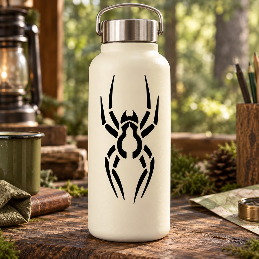 Spider web decal with black abstract spider design on a cream bottle