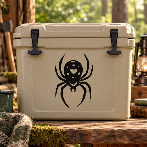 Black widow spider decal, black spider silhouette with web dots on light cooler