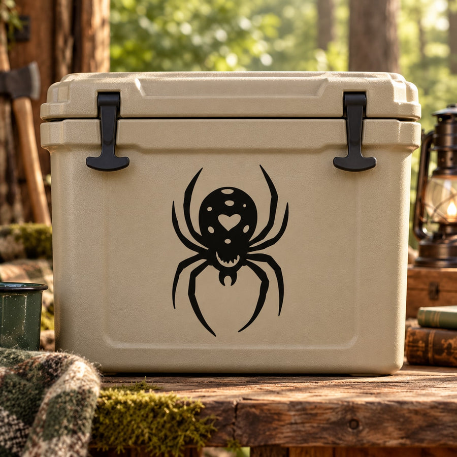 Black widow spider decal, black spider silhouette with web dots on light cooler