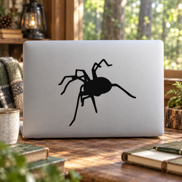 Creepy spider decal, black cartoon spider with raised legs on white surface.