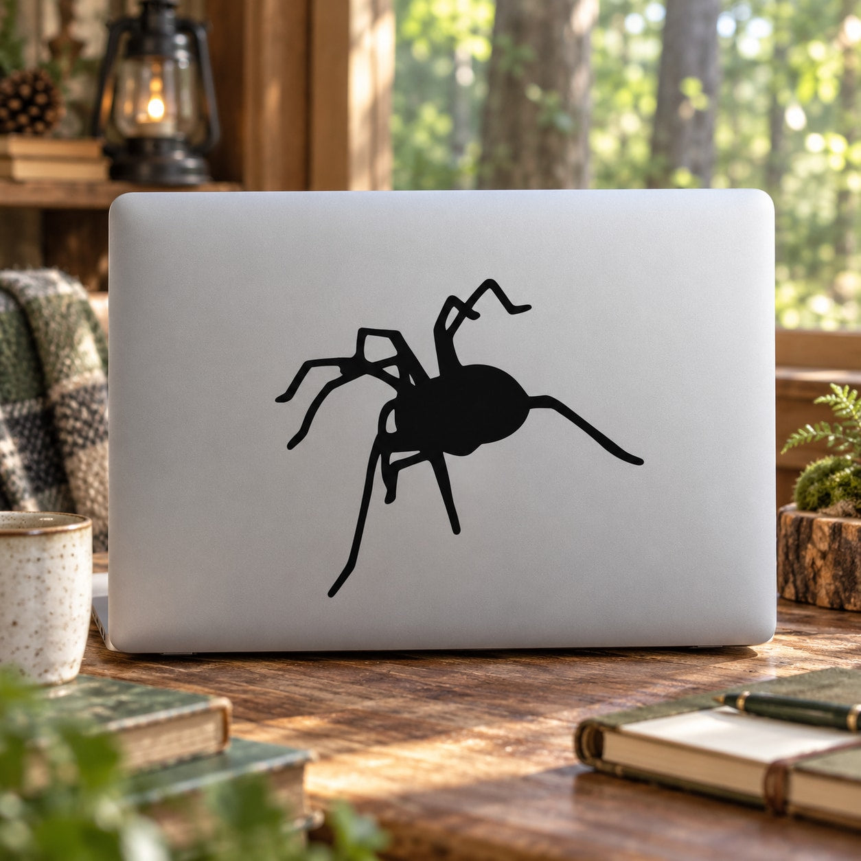 Creepy spider decal, black cartoon spider with raised legs on white surface.