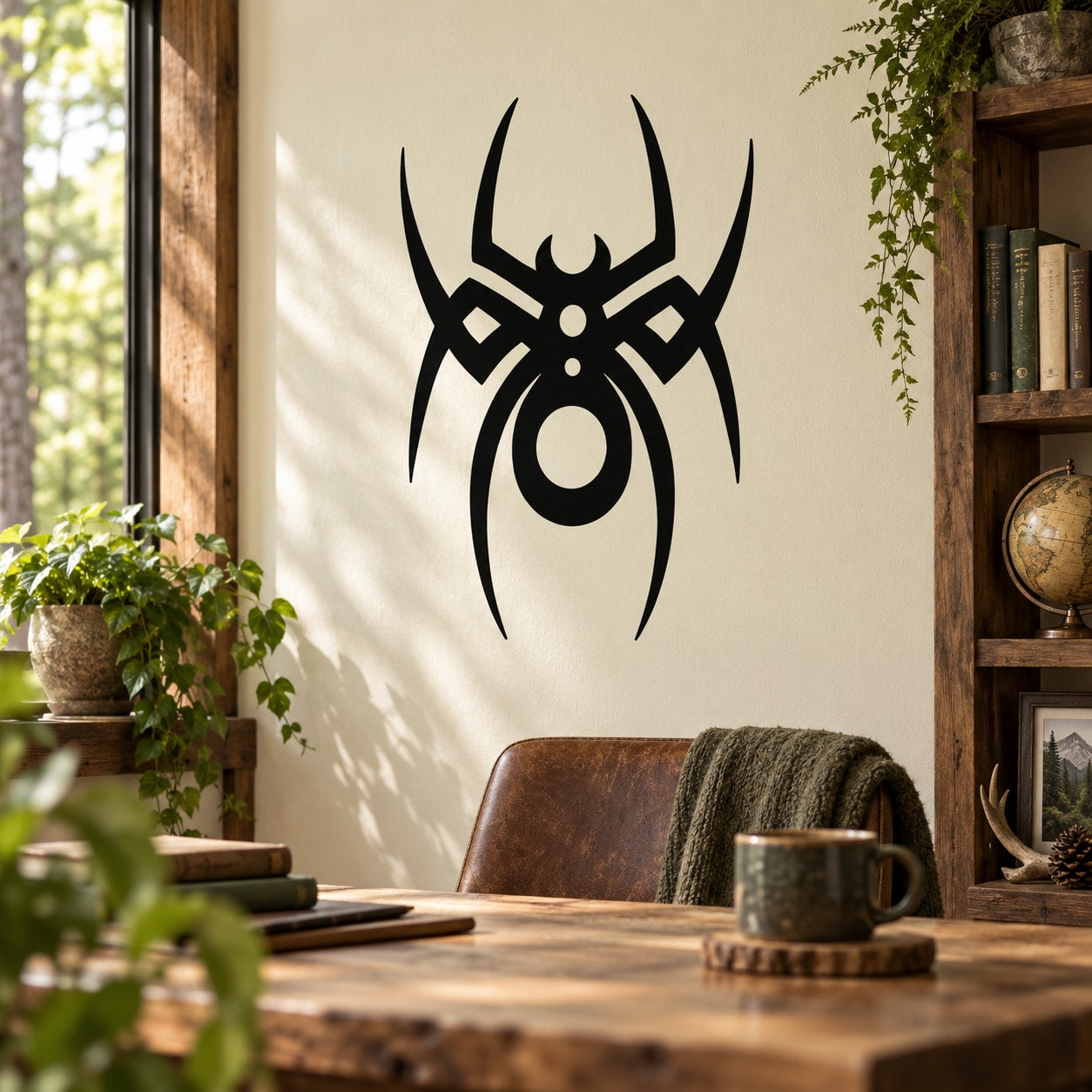 Black tribal spider decal sticker with stylized web and spider fangs