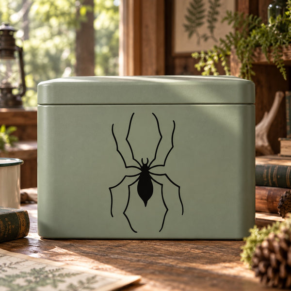 Black spider decal with thin line sketch on light green surface
