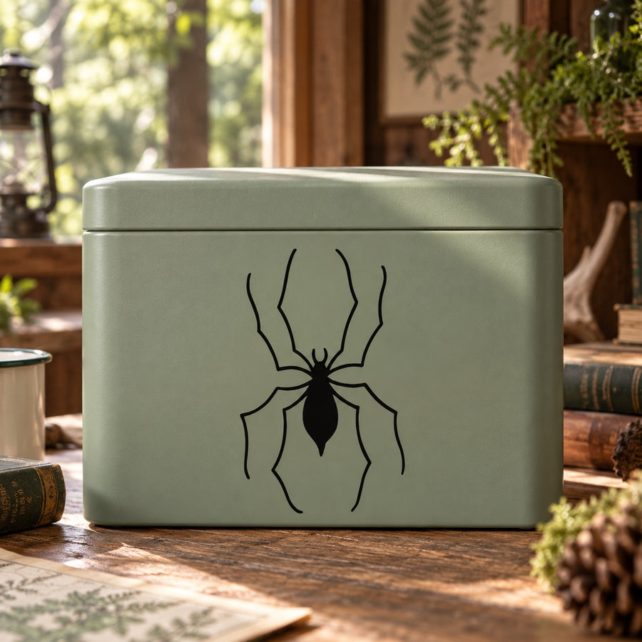 Black spider decal with thin line sketch on light green surface