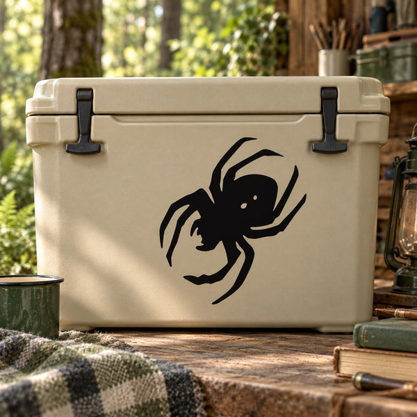 Black spider decal on a light-colored cooler