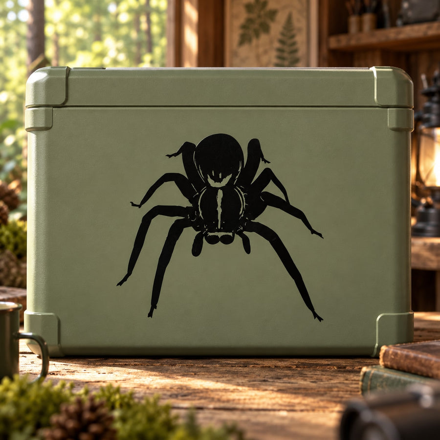 Black tarantula approaching decal on light green hard case