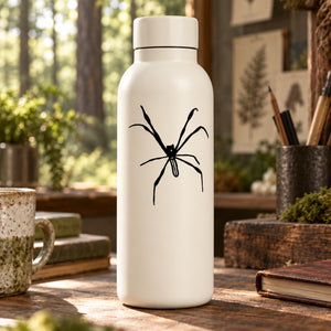 White bottle with black spider decal