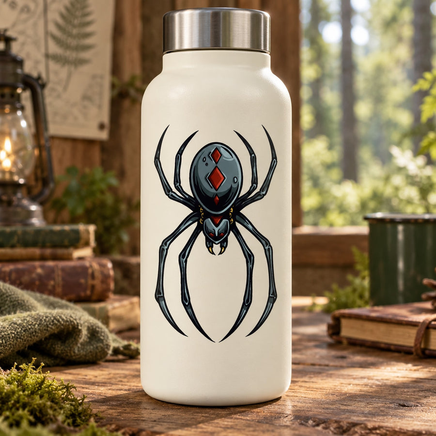 Black spider sticker with detailed abdomen and legs, centered on a light surface