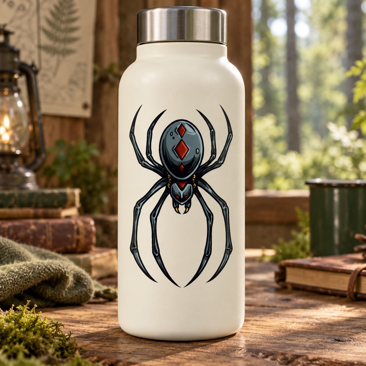 Black spider sticker with detailed abdomen and legs, centered on a light surface