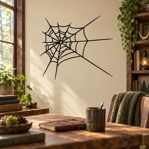 Black spider web wall decal with central round hub and eight radiating arms