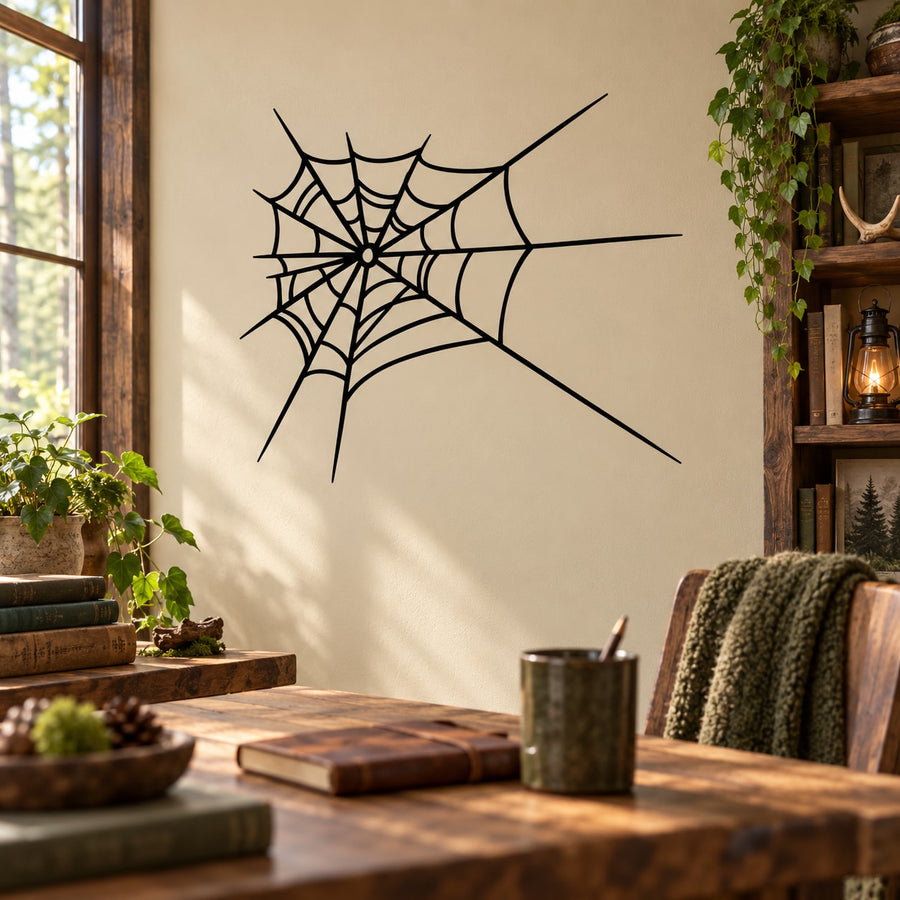 Black spider web wall decal with central round hub and eight radiating arms