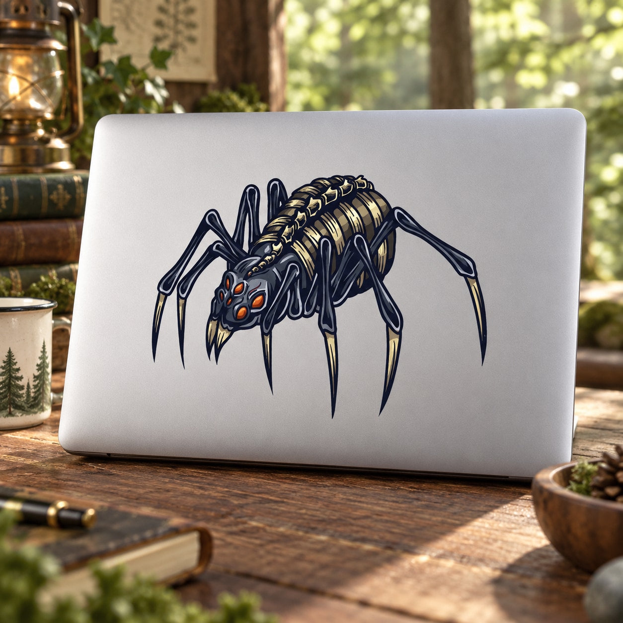 Dark spider sticker decal with orange eyes on light surface