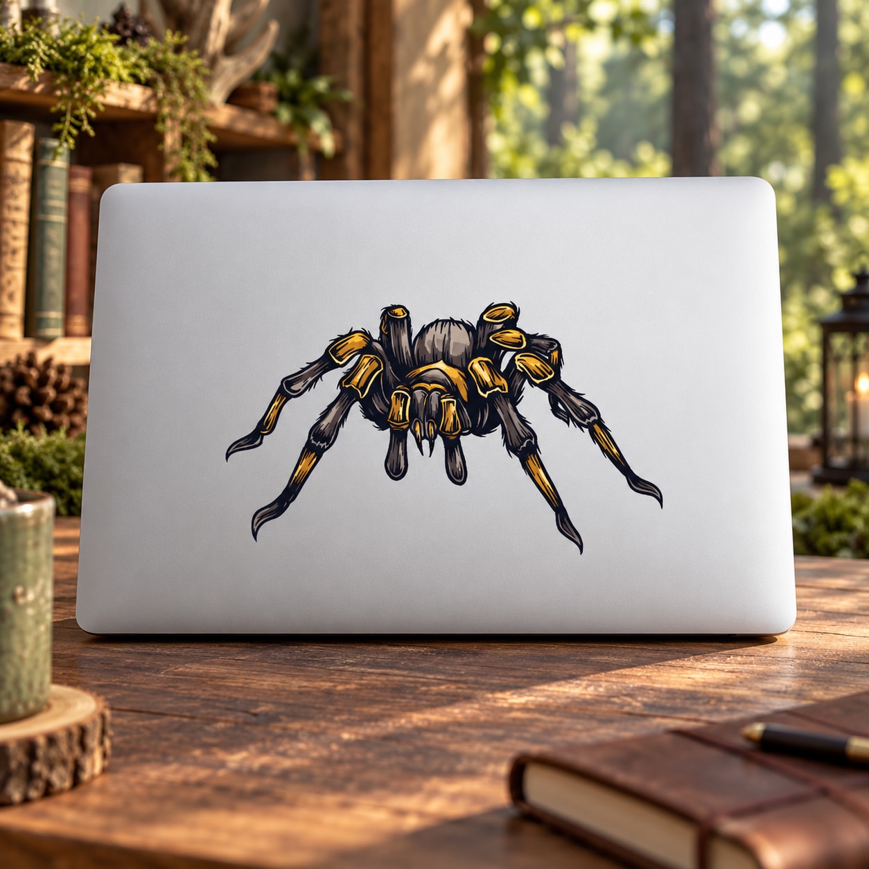 Cartoon tarantula spider sticker with orange accents on a laptop lid
