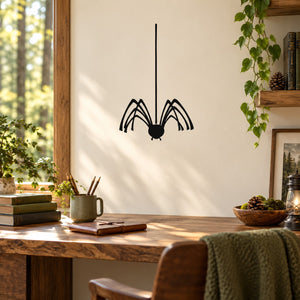 Hanging black spider wall decal with long legs and curved body