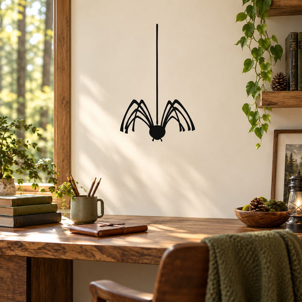 Hanging black spider wall decal with long legs and curved body