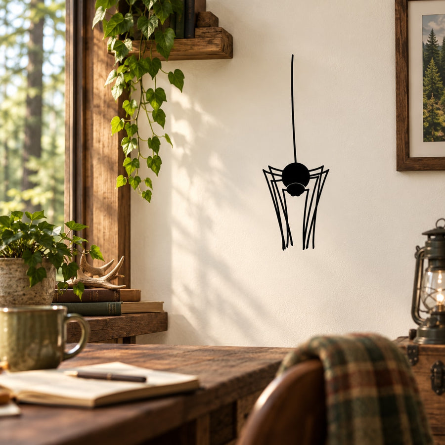 Landing spider decal with black spider silhouette on a smooth wall surface