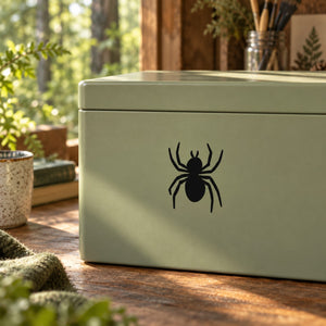 Crawling spider wall decal, black spider silhouette on light green background