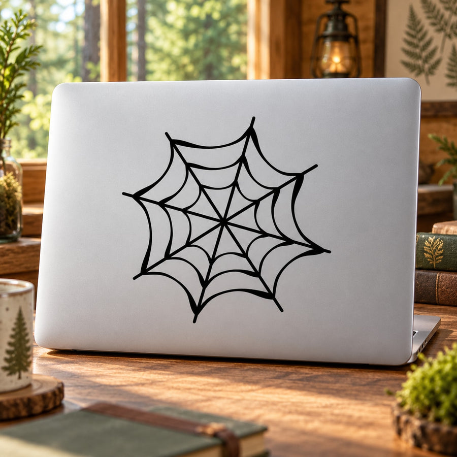 Spider web decal with central orb, black web pattern on white surface
