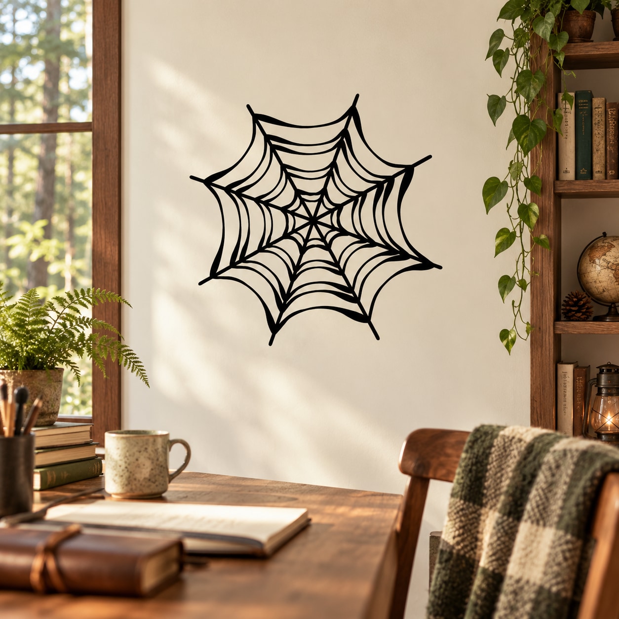 Black spider web decal with central hub and web strands on a wall