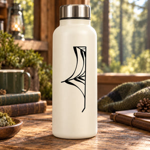 White water bottle with black spider web decal