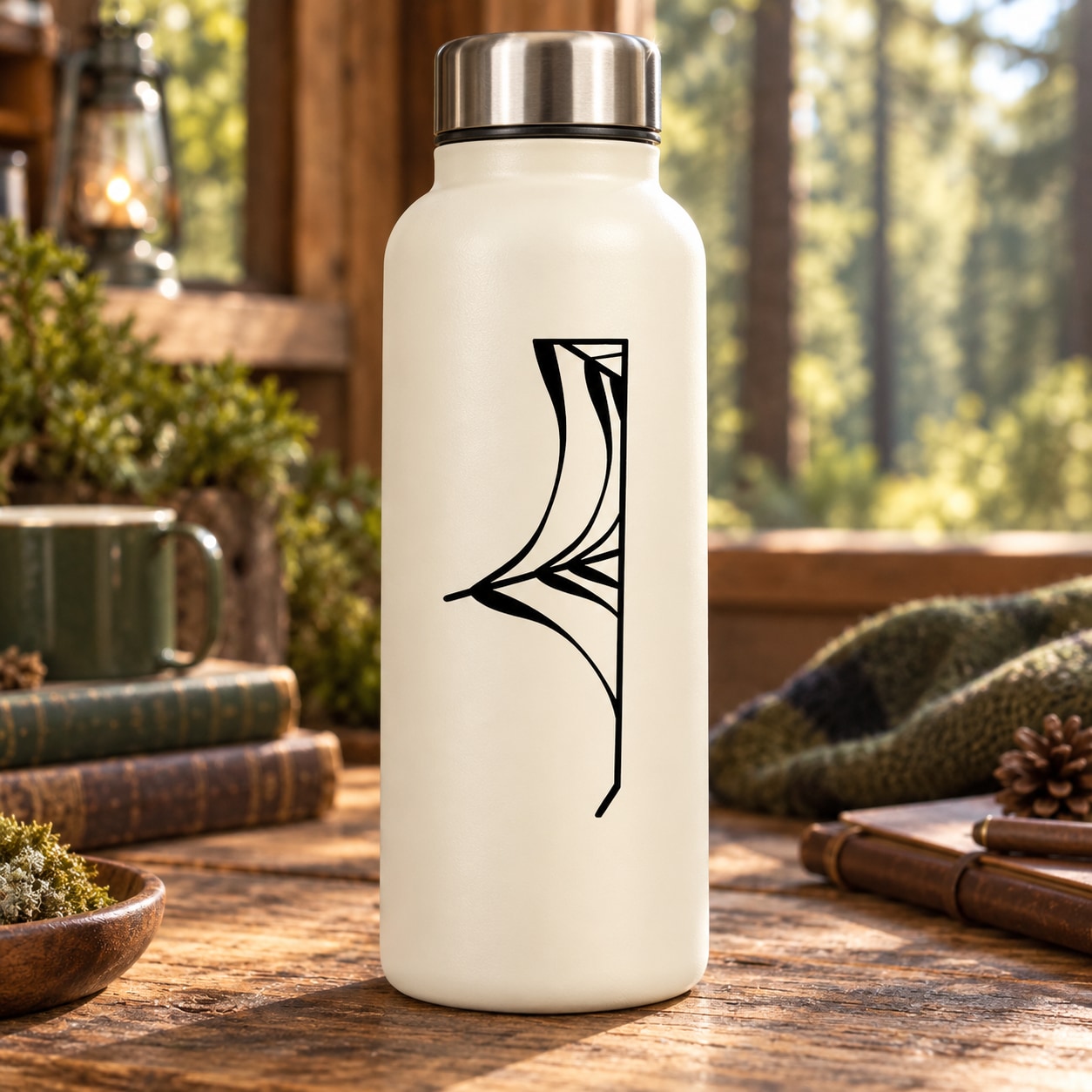 White water bottle with black spider web decal