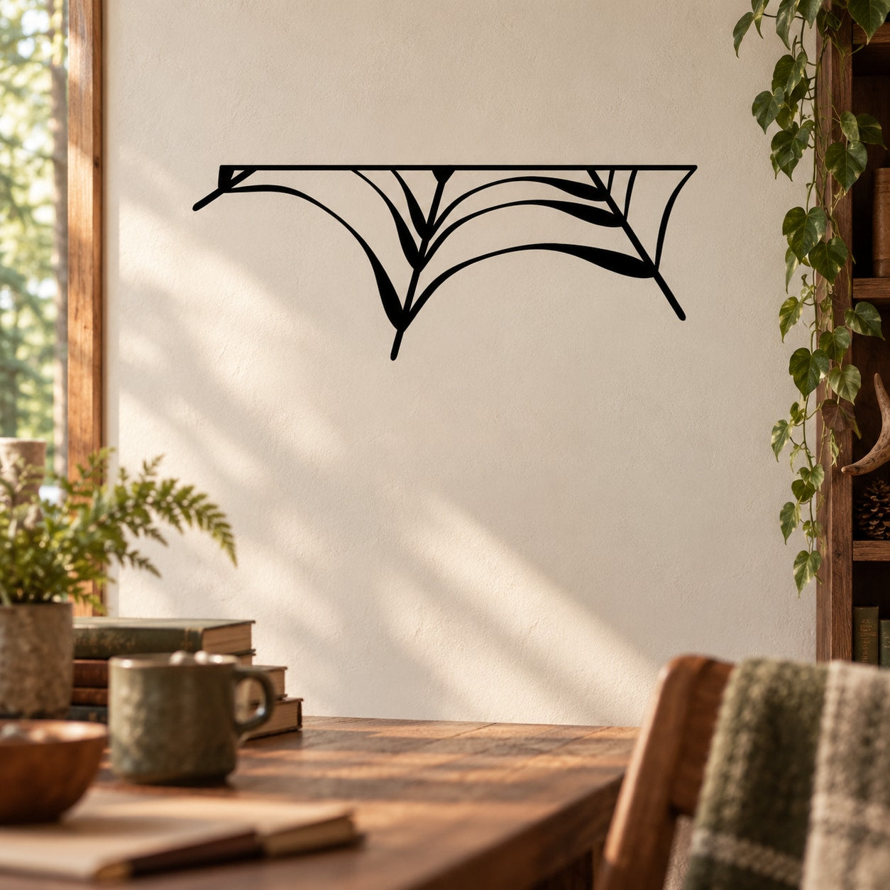 Black spider web wall decal with angular rim border and central web lines