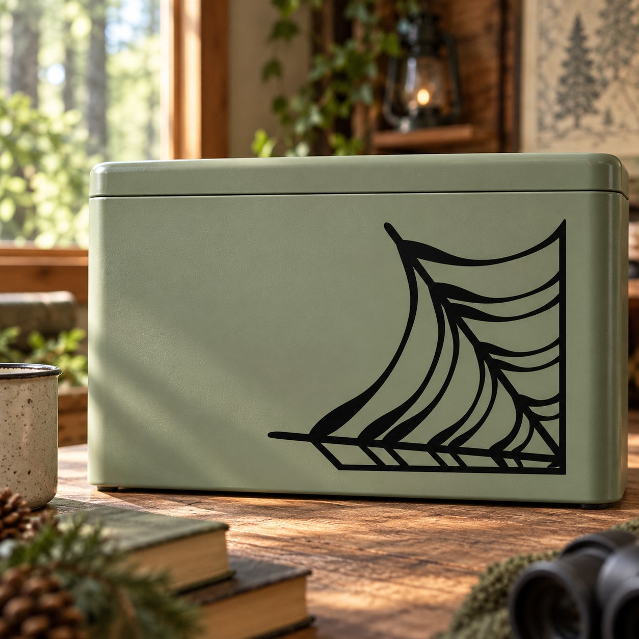 Black spider web corner decal with stylized lines on a light green surface