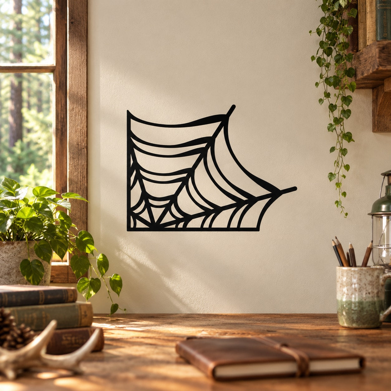 Black spider web fringe wall decal with layered web strands