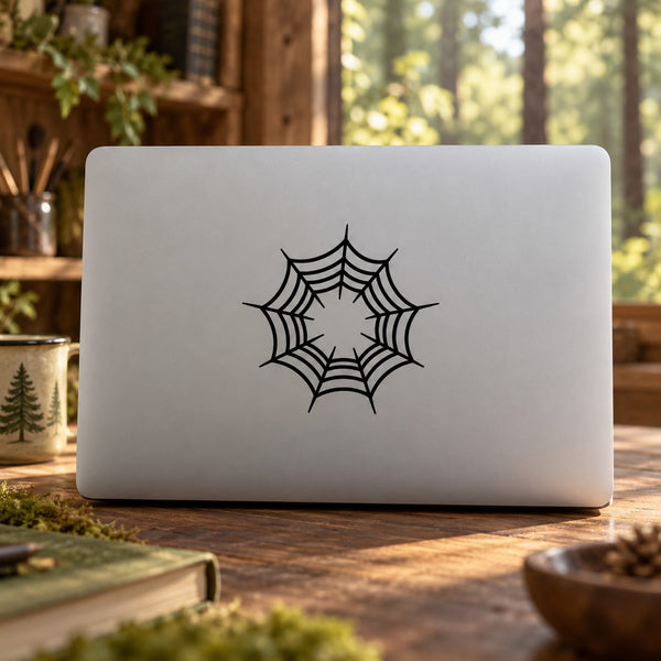 Black spider web wall decal with webbing and eight-point outline
