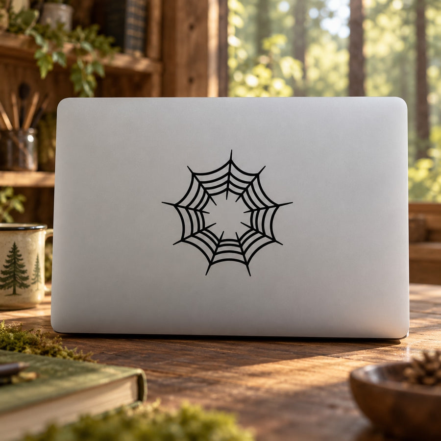 Black spider web wall decal with webbing and eight-point outline