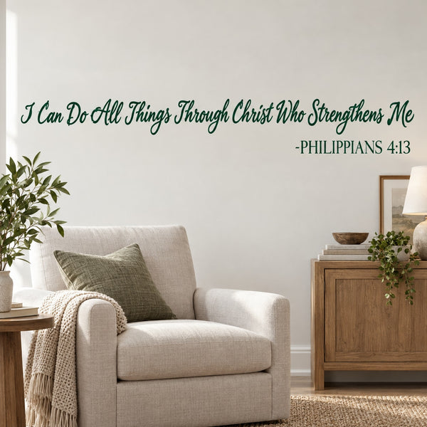 Wall decal with green script text: “I Can Do All Things…” Philippians 4:13