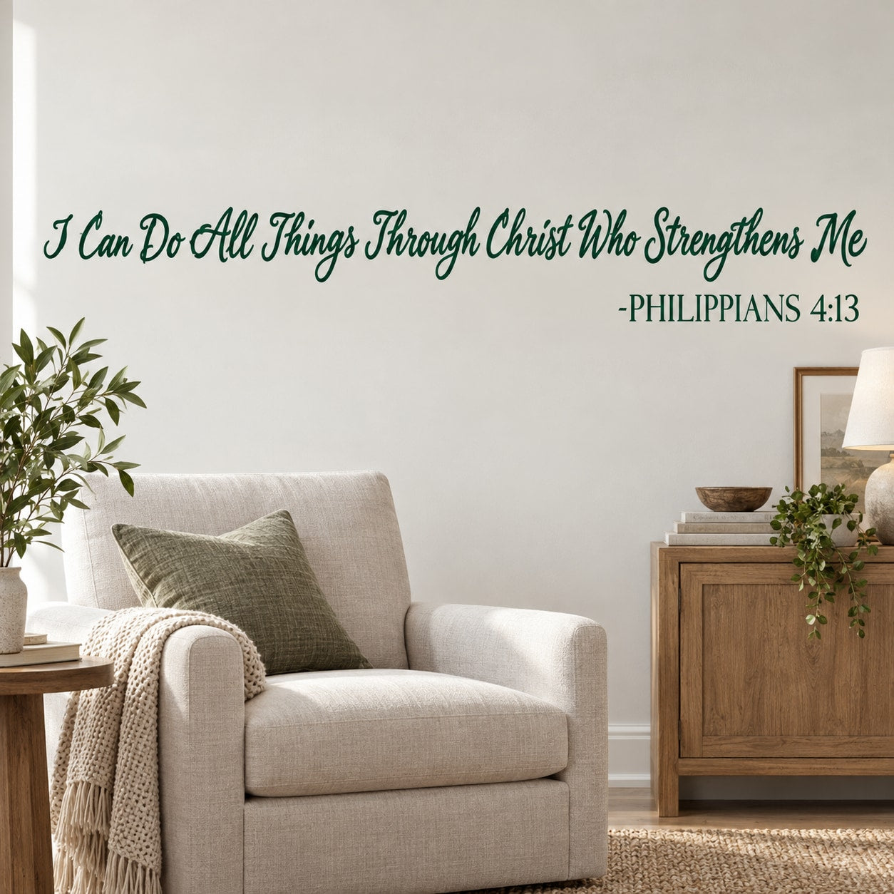 Wall decal with green script text: “I Can Do All Things…” Philippians 4:13