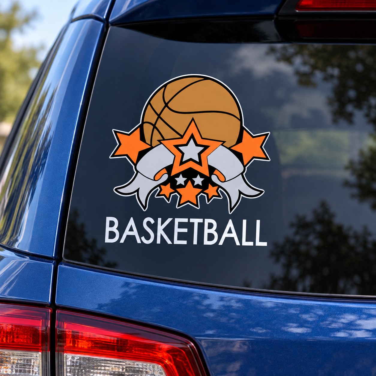 Basketball-themed vinyl sticker with orange ball, stars, and BASKETBALL text