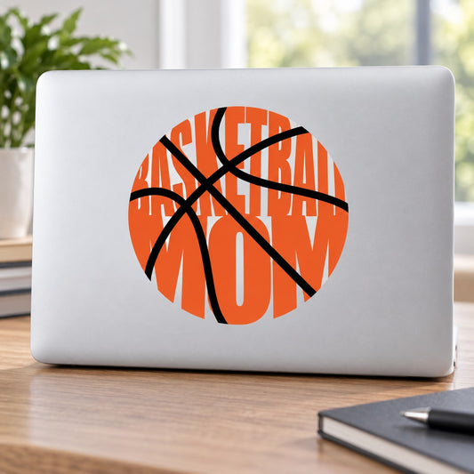 Basketball mom printed decal with orange basketball and black net lines and text
