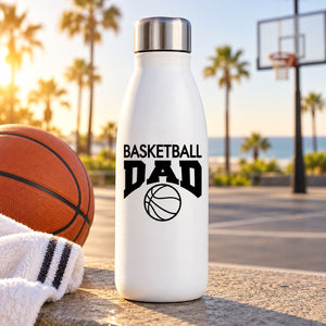White water bottle with Basketball Dad decal and basketball icon
