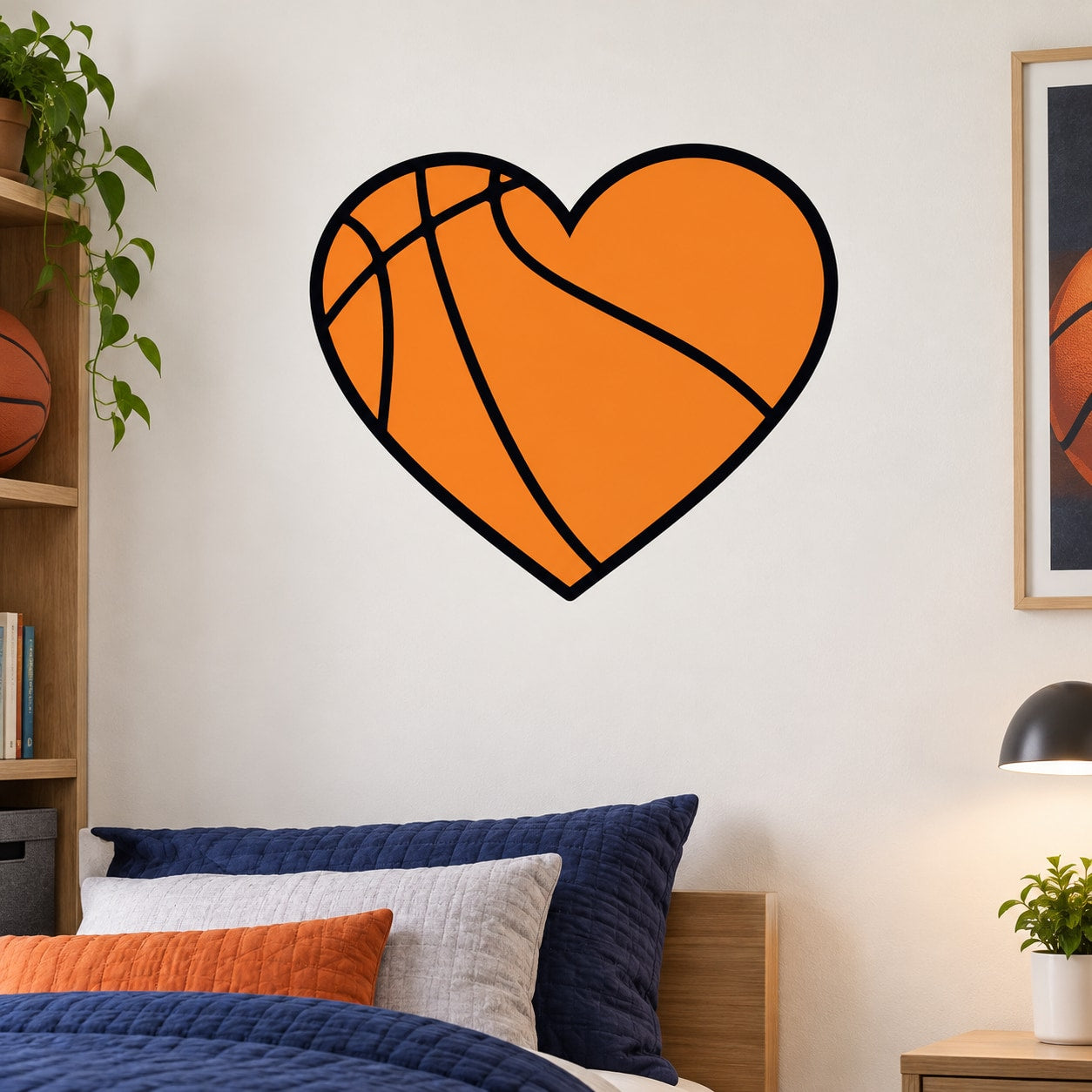 Orange heart-shaped basketball sticker with black line artwork