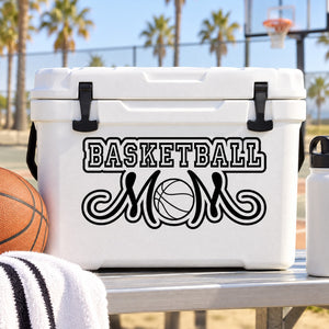Basketball mom text decal with BASKETBALL and MOM lettering and basketball icon