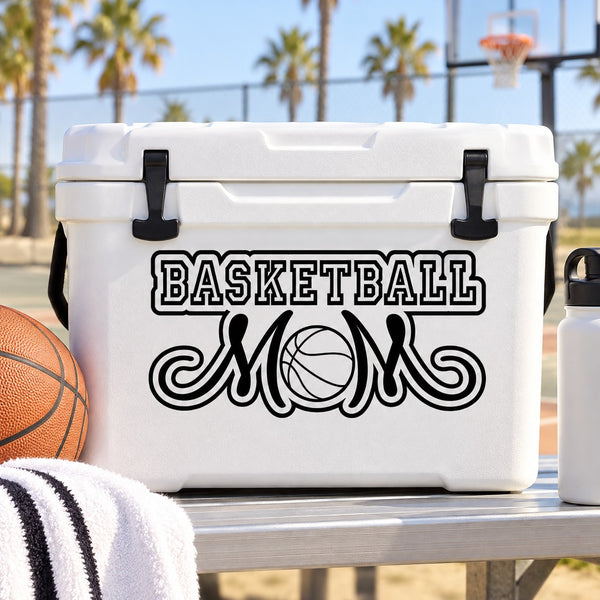 Basketball mom text decal with BASKETBALL and MOM lettering and basketball icon