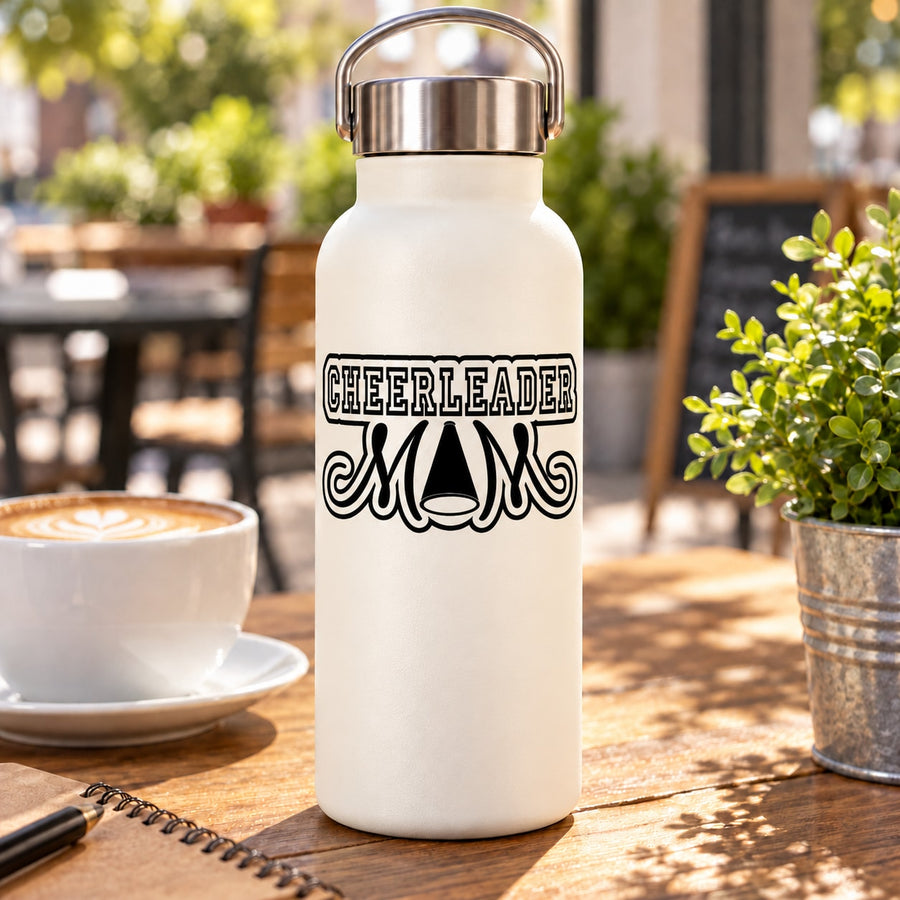 White water bottle with black Cheerleader Mom decal lettering