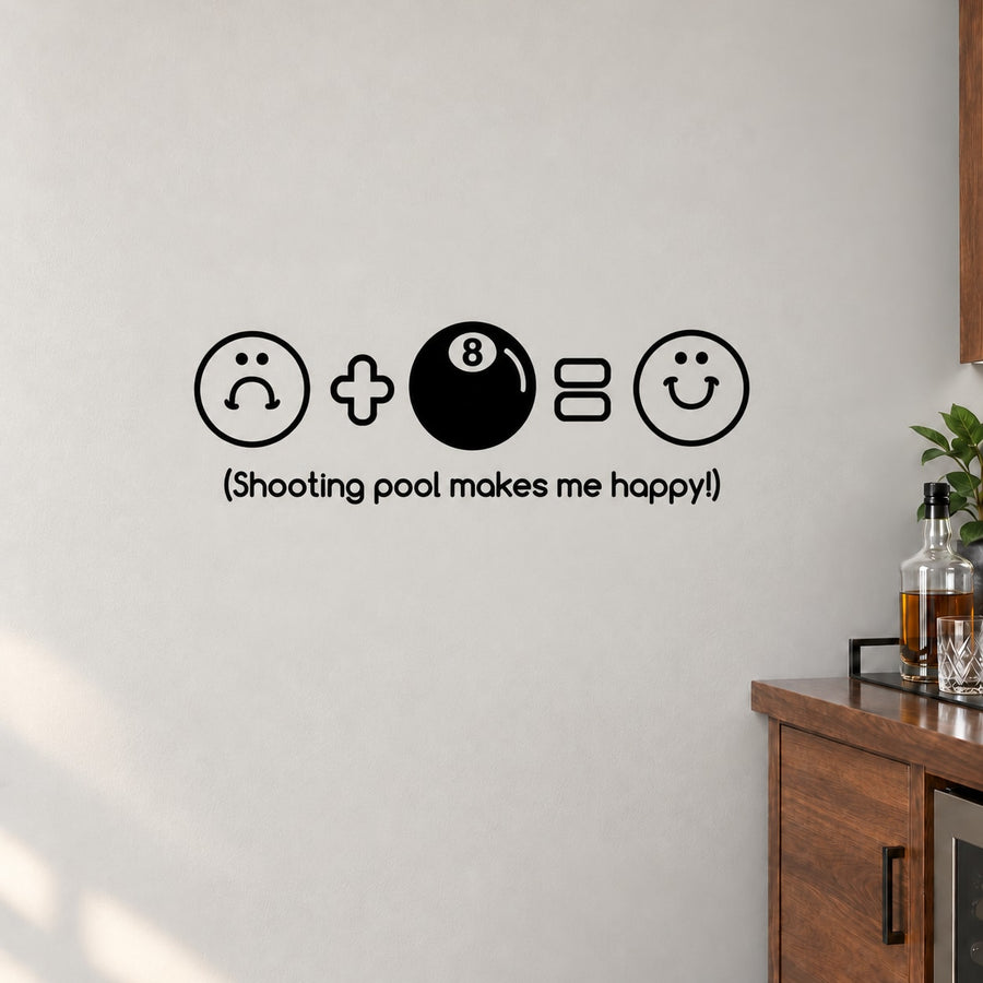 Pool cue sticker decal with 8-ball icon, smiley faces, and text "Shooting pool makes me happy!"