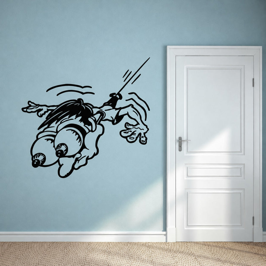 Bungee jumping wall decal with cartoon diver, bungee cord, and motion lines