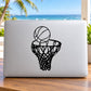 Basketball net and ball decal, black hoop outline on light surface