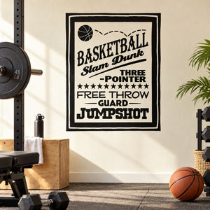 Square basketball word collage decal: Slam Dunk, Three Pointer, Free Throw, Jump Shot