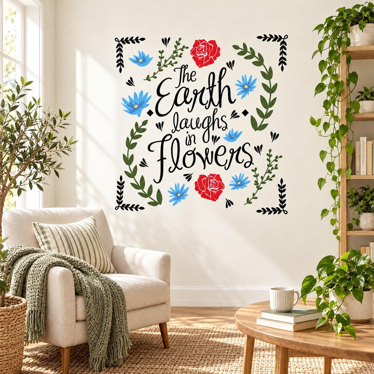Floral quote die-cut wall decal with roses, leaves, and blue flowers